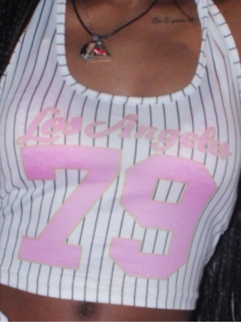 Los Angeles Apparel White Pinstripe Crop Tank with Pink Script and Number